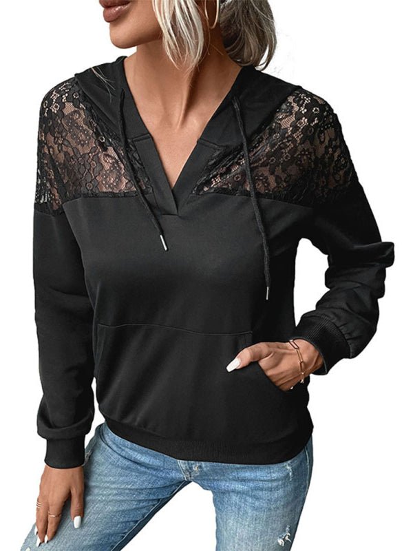 New long - sleeved black lace stitching women's hooded sweater - Outerwear